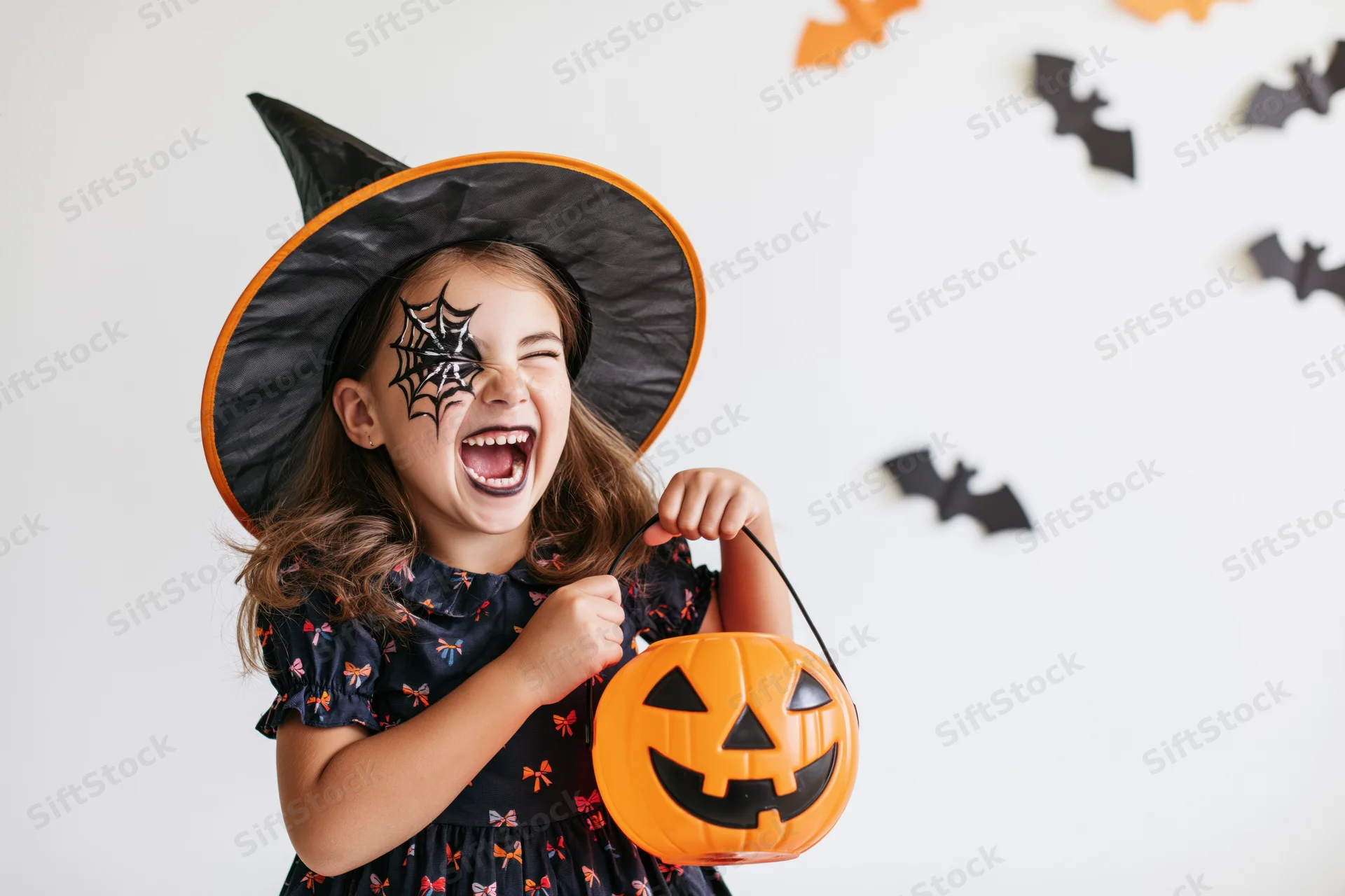 Young girl in witch costume laughing while holding pumpkin bucket against white wall with bat decorations