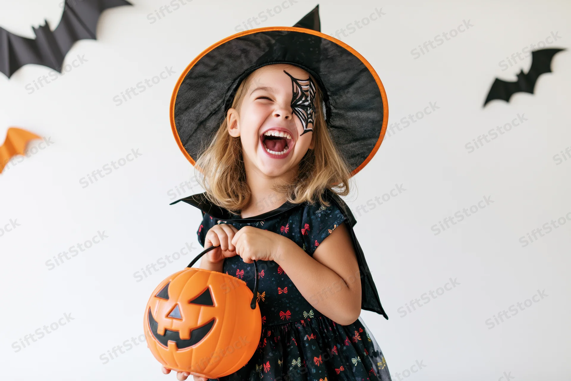 Young girl in witch costume laughing while holding a pumpkin bucket indoors