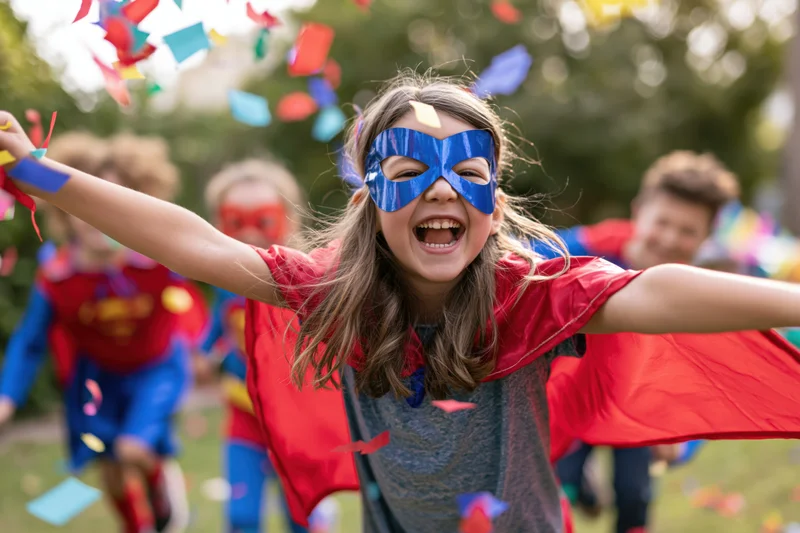 Young girl in superhero costume laughing with arms outstretched in a garden party with confetti