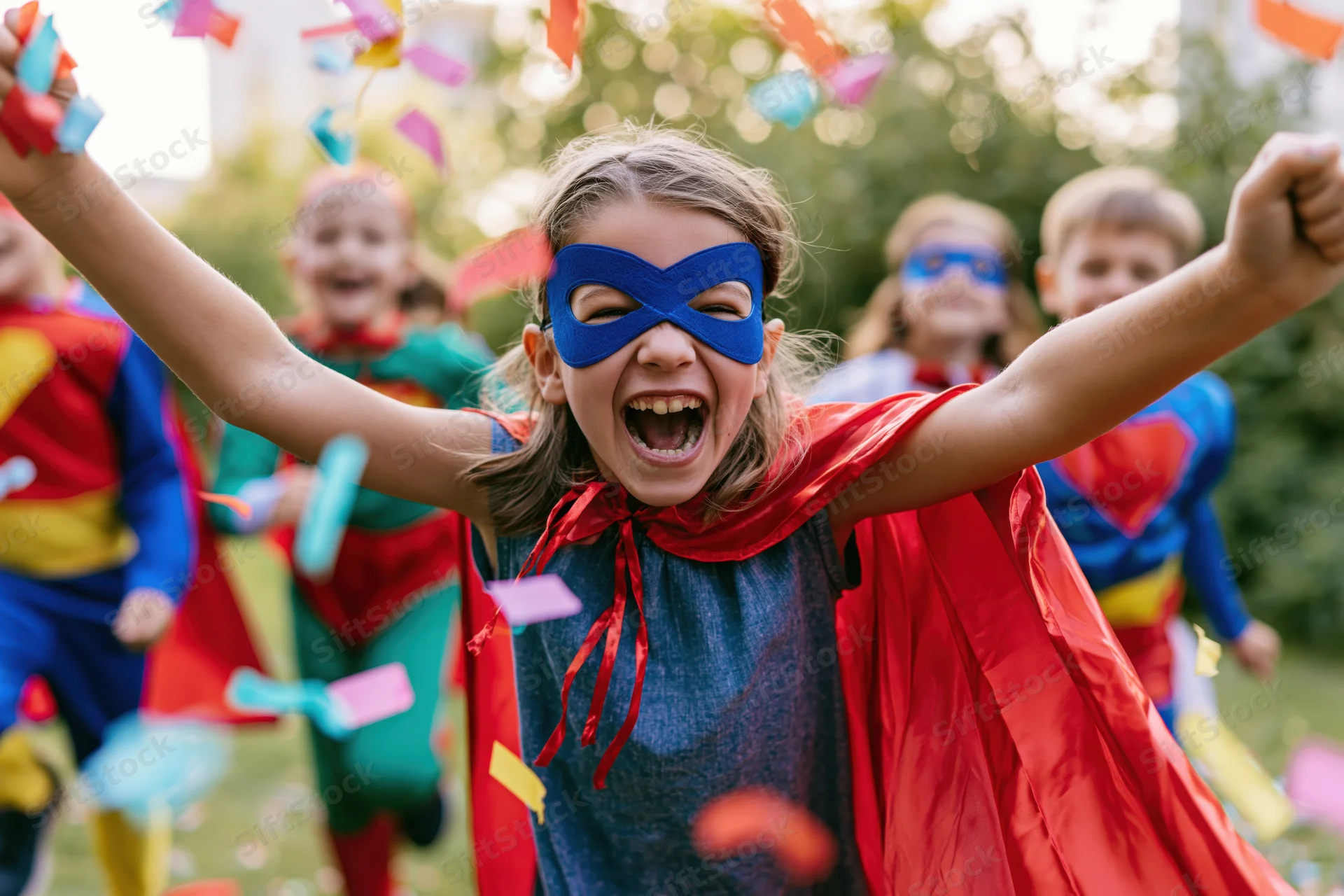 Girl in superhero costume with red cape and blue mask laughing with arms raised outdoors among children in costumes