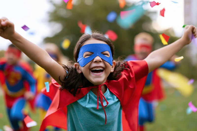 Young girl in superhero costume laughing with arms raised outdoors among confetti
