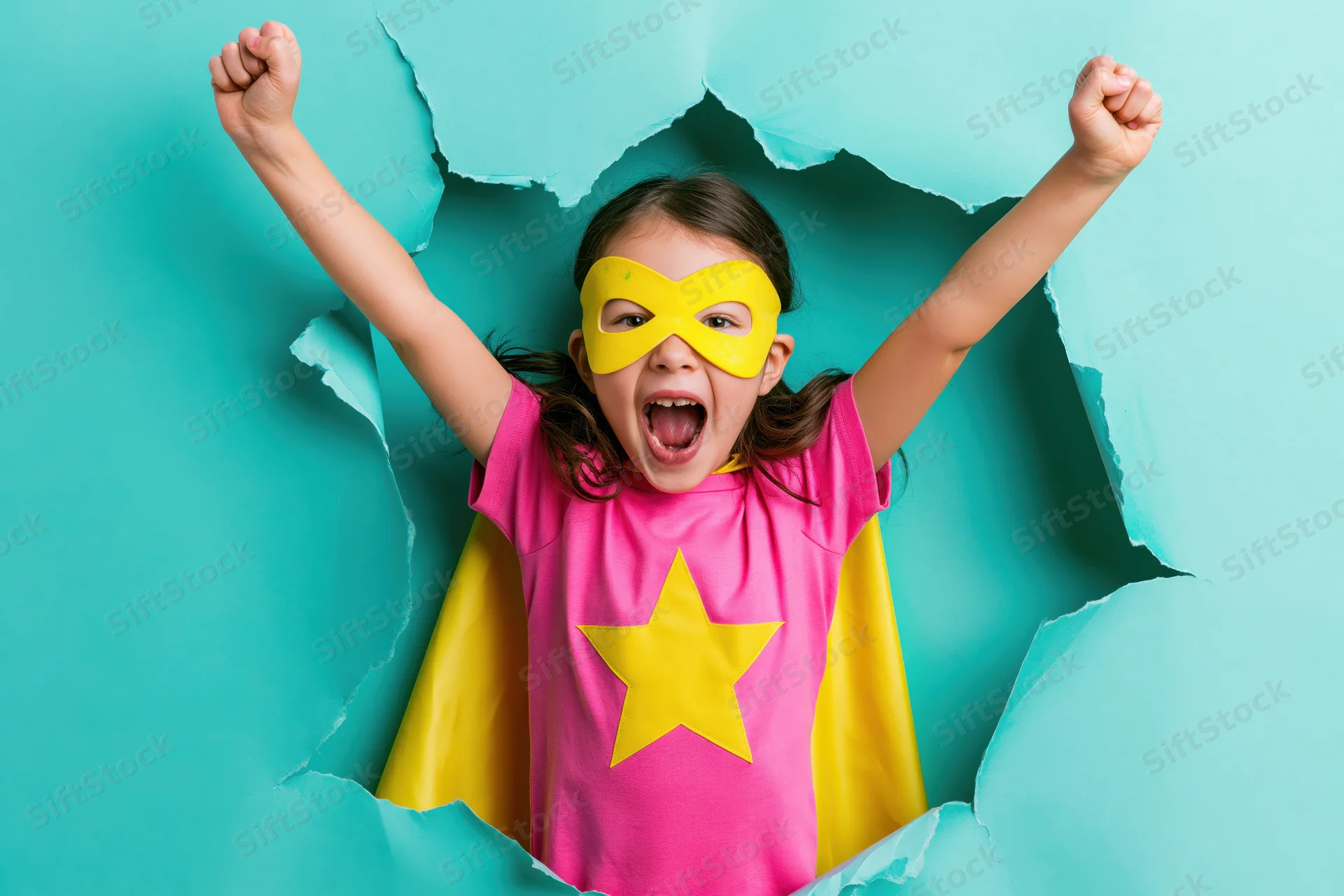 Young girl in superhero costume with mask and cape breaking through paper wall, arms raised, shouting joyfully