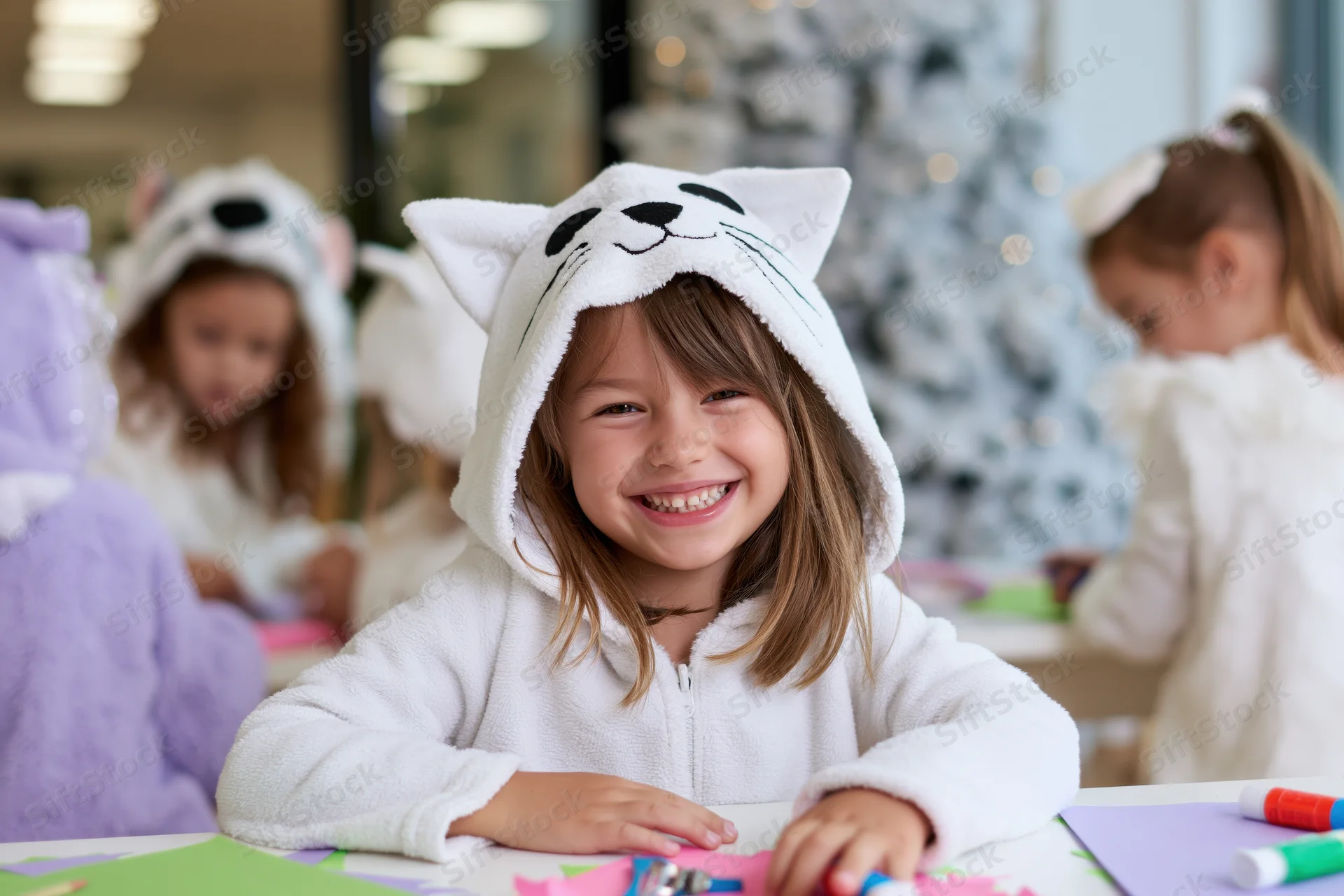 Young girl in white cat costume hood smiling at camera during craft activity at indoor holiday event