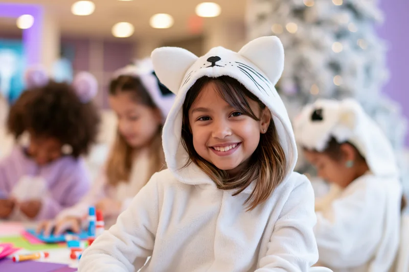 Young girl in white cat costume hood smiling at camera during holiday craft activity with friends at table