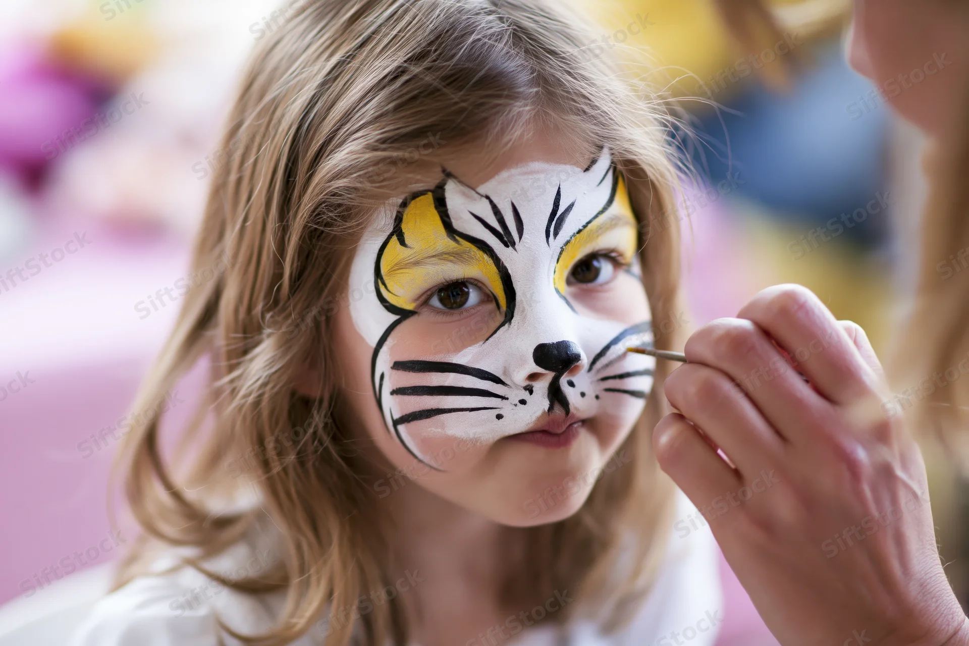 Young girl receiving tiger face paint from an adult artist at a children's party