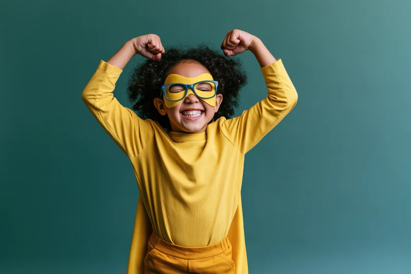 Young girl in yellow superhero costume flexing arms overhead in studio portrait