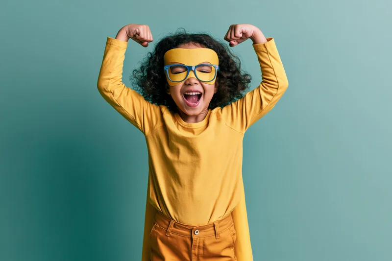 Young girl in superhero costume flexing arms with joyful expression against teal background