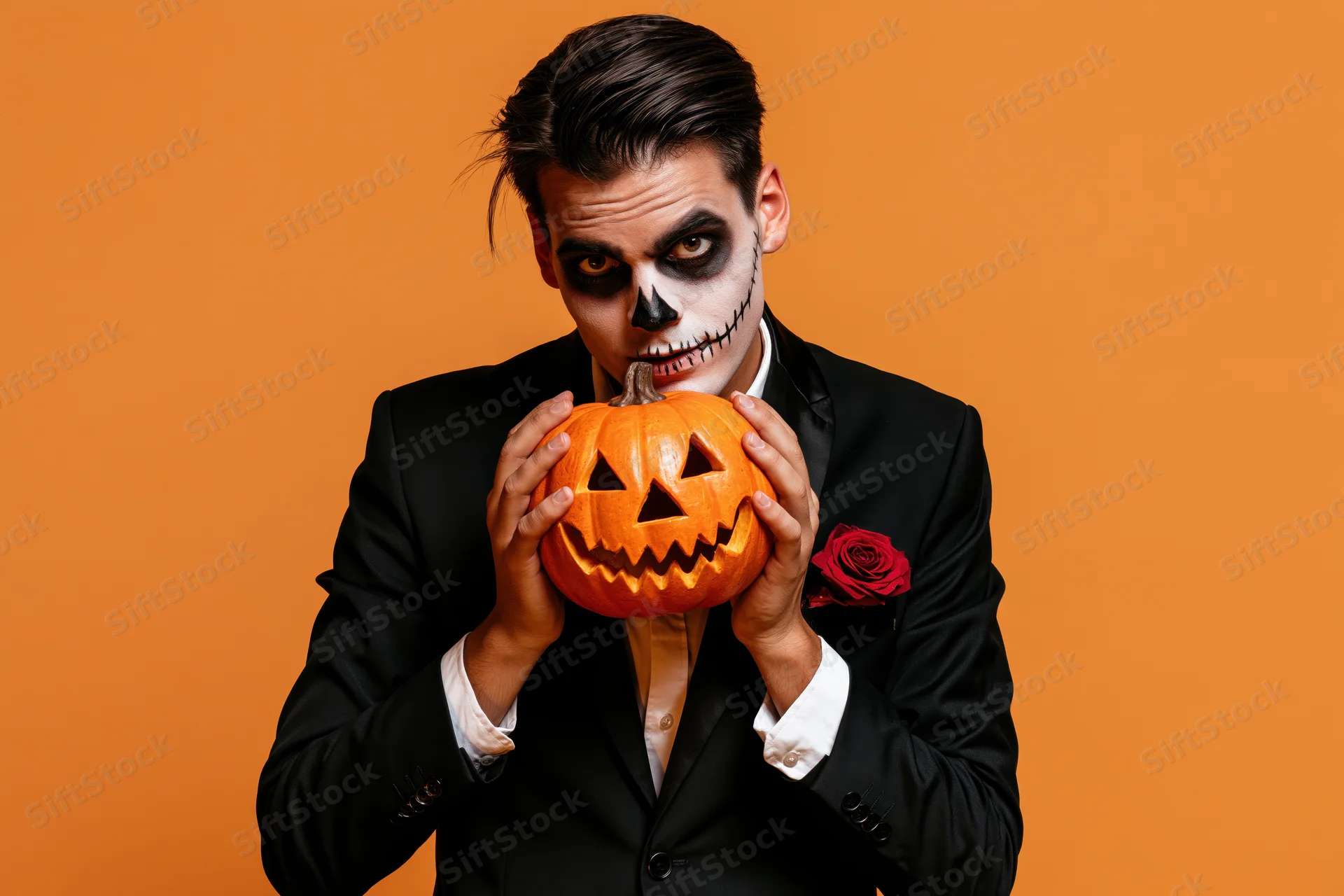 Man in black suit with skeleton makeup holding carved pumpkin against orange background
