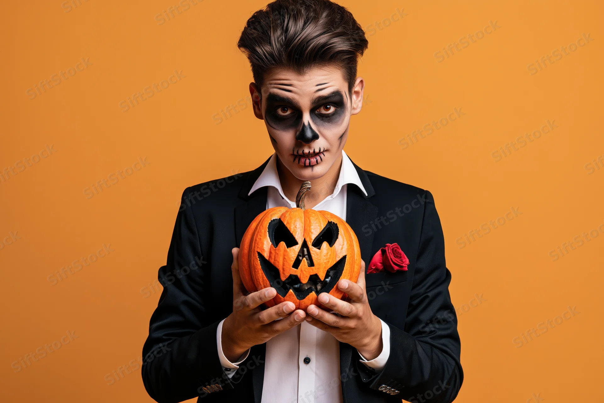 Man in black suit with skeleton makeup holding carved pumpkin against orange background
