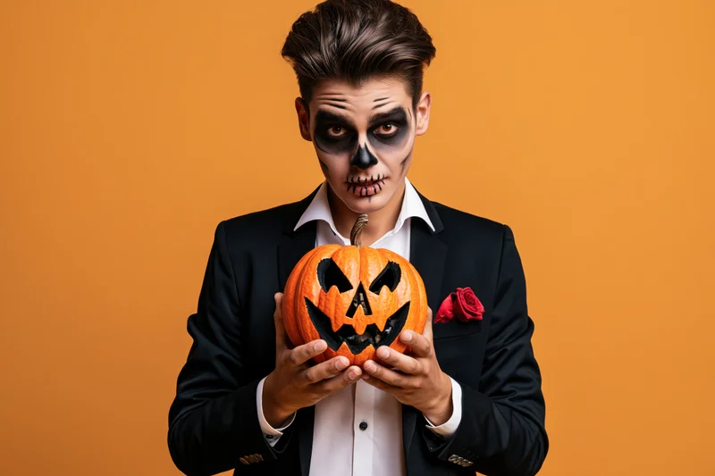 Man in black suit with skeleton makeup holding carved pumpkin against orange background