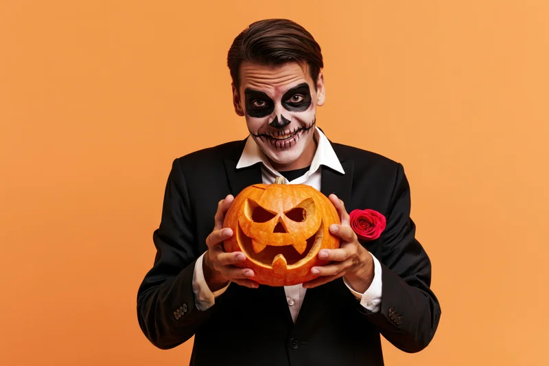 Man in black suit with skeleton makeup holding carved pumpkin, red rose in lapel, orange background