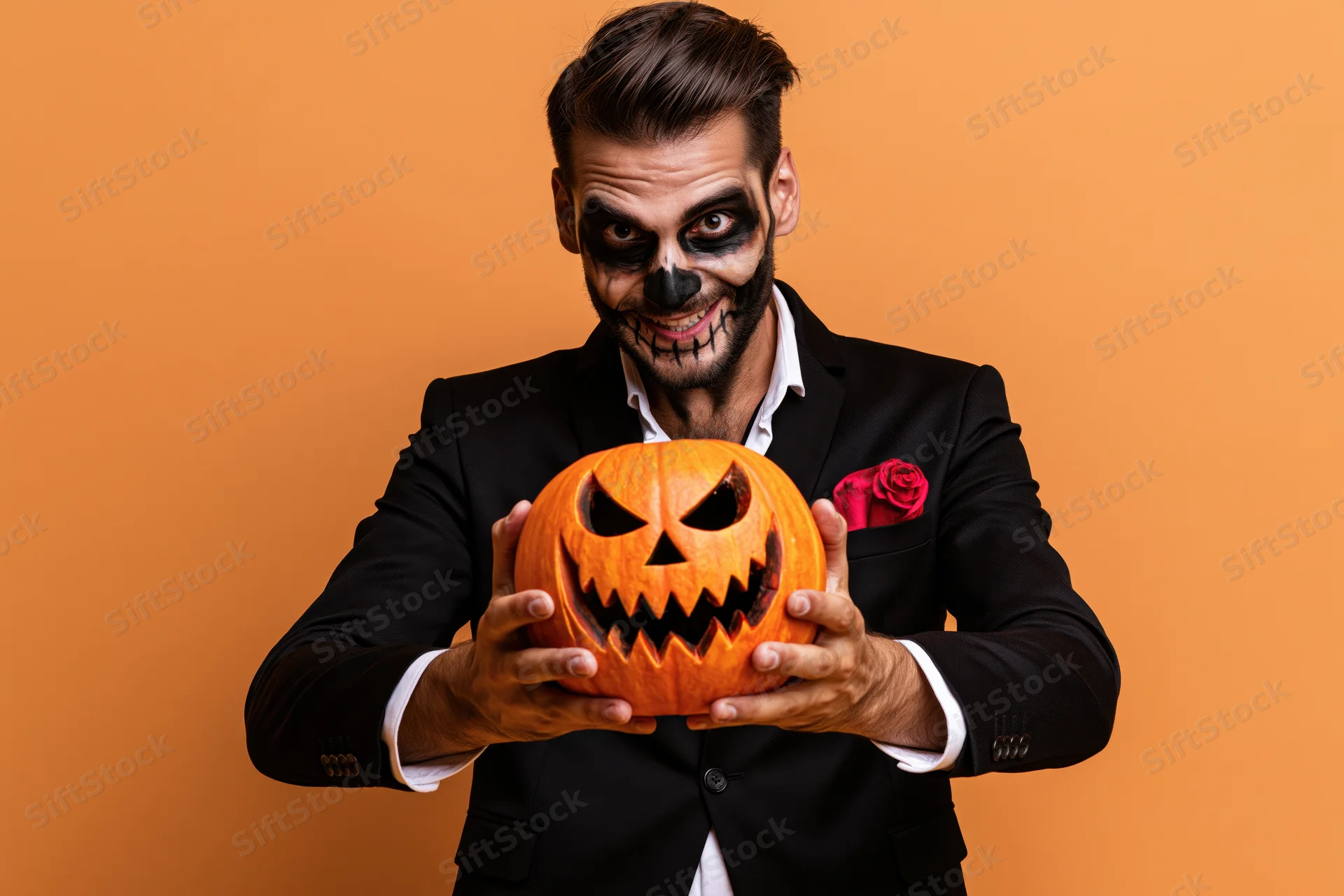 Man in black suit holding carved pumpkin with skeleton makeup for halloween party