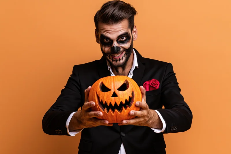 Man in black suit holding carved pumpkin with skeleton makeup for halloween party