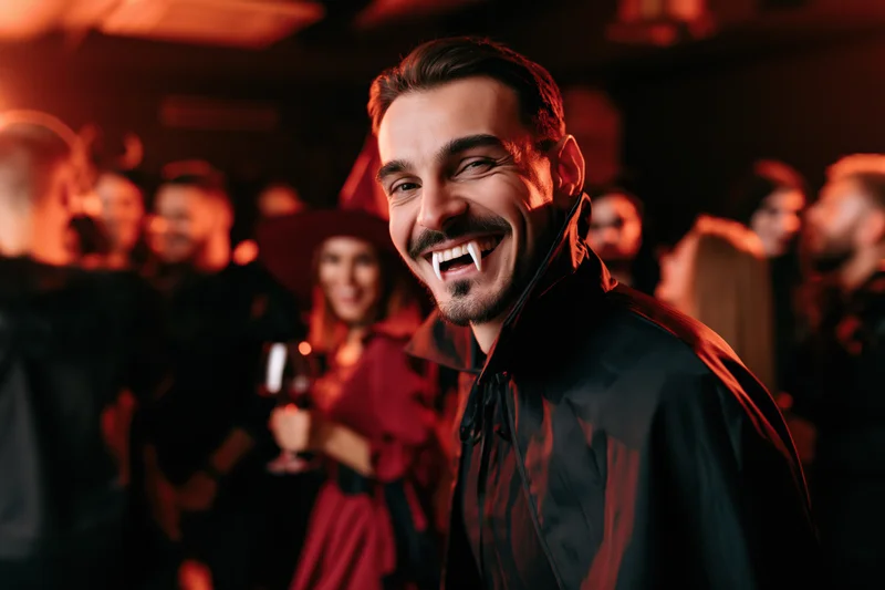 Man in vampire costume smiling at camera at a Halloween party