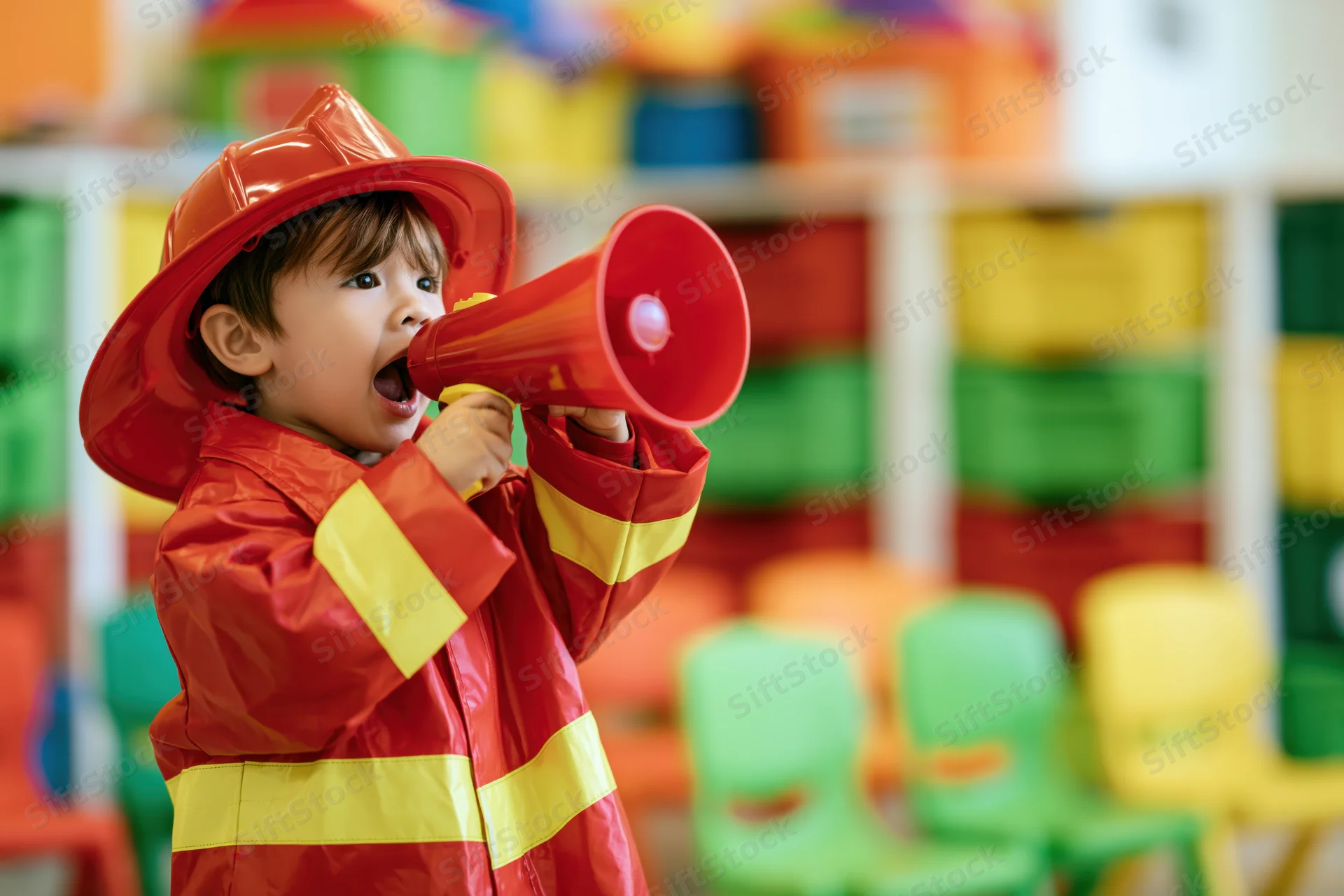 Toddler boy in red plastic firefighter costume shouting into megaphone in colorful classroom