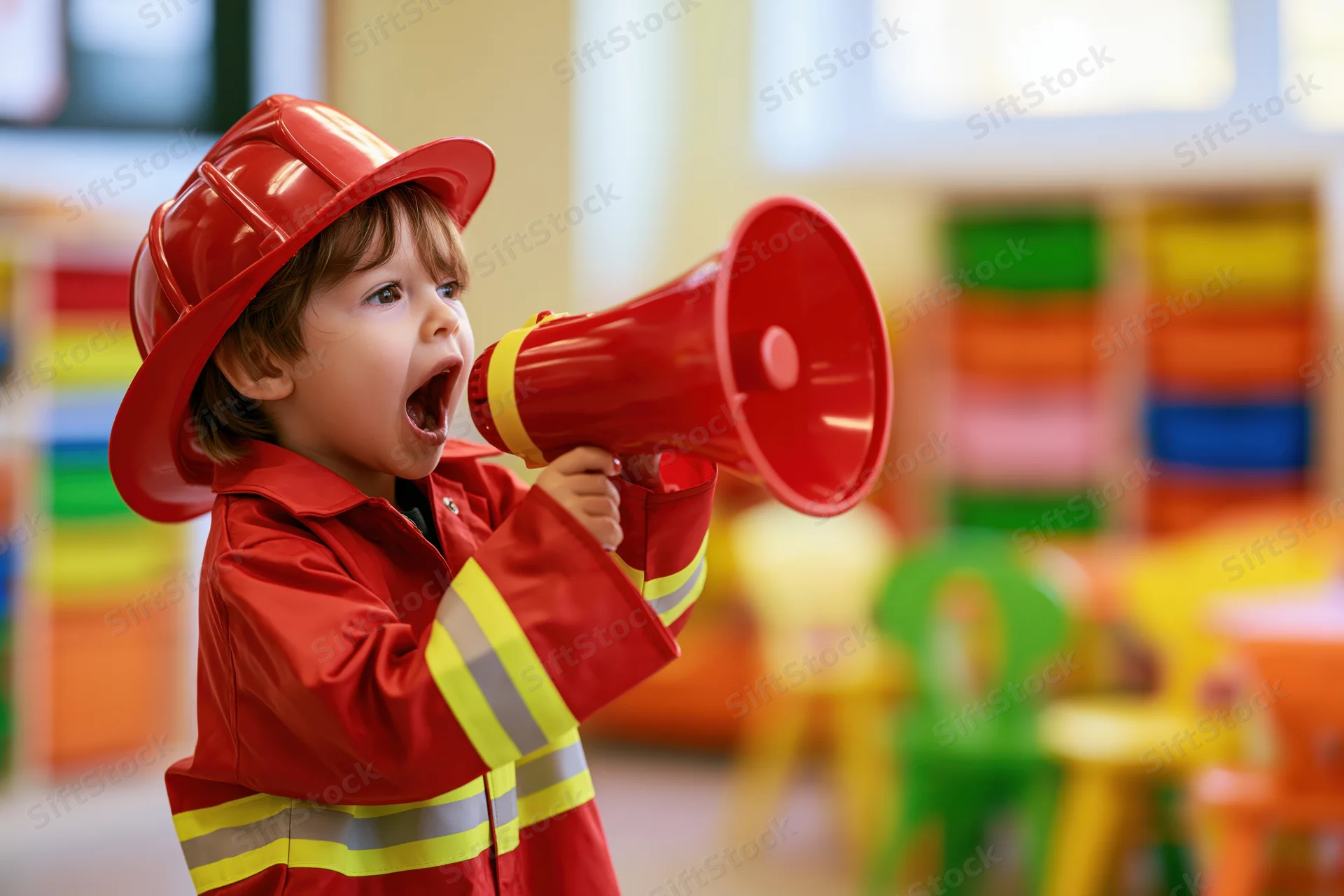 Toddler boy in red firefighter costume shouting into toy megaphone in playroom