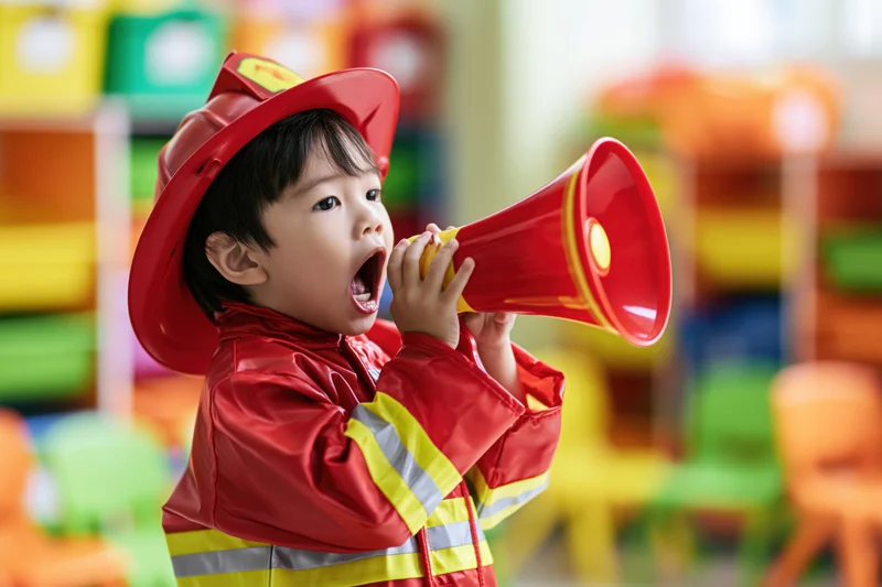 Young asian toddler boy in red firefighter costume shouting into toy megaphone in colorful classroom