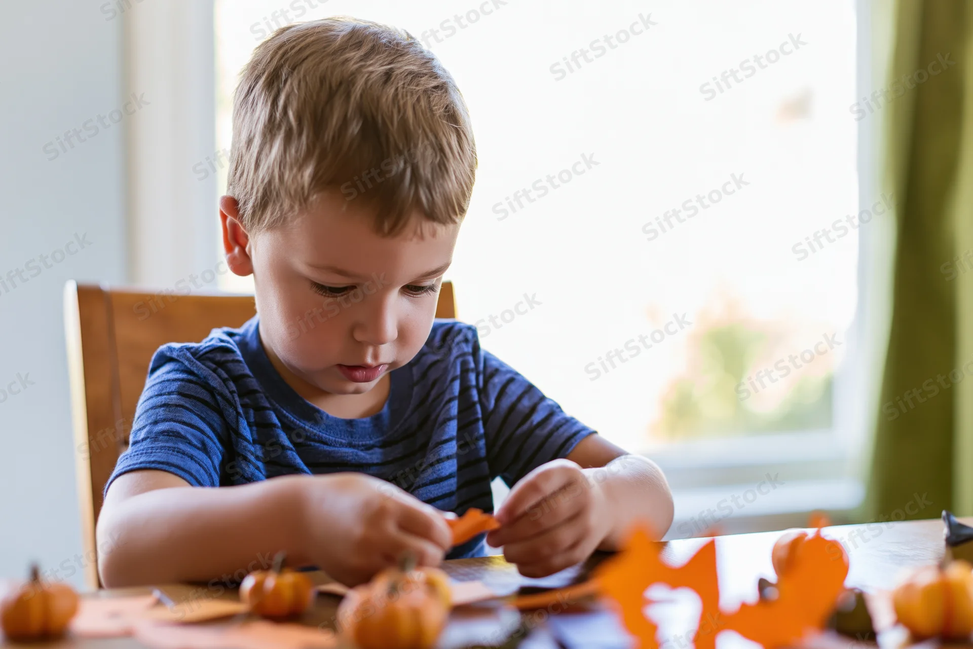 Young boy crafting halloween decorations at a wooden table indoors