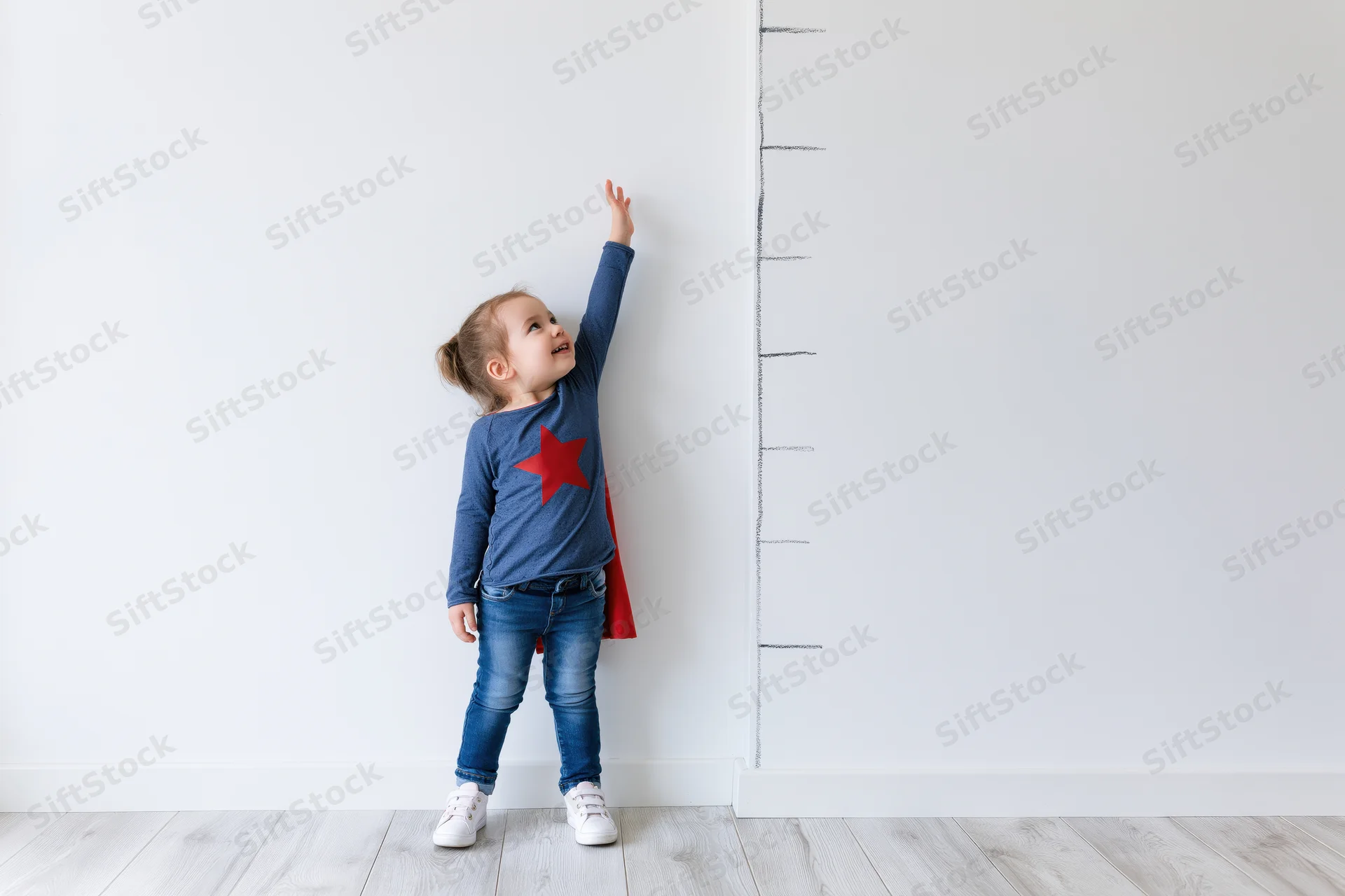 Young girl standing against white wall reaching up to mark her height on a growth chart