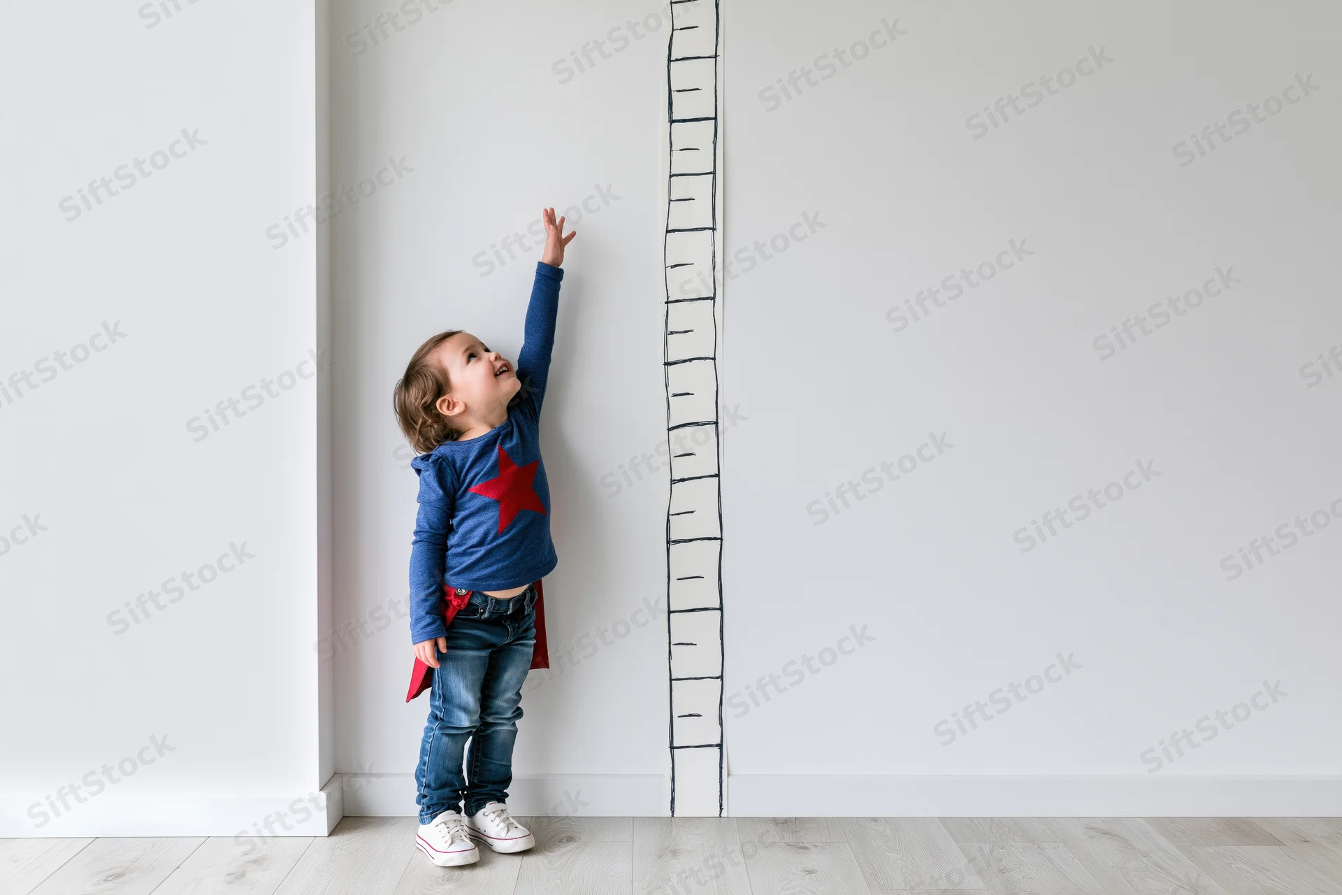 Toddler girl standing against white wall reaching up to height measurement chart while wearing superhero costume