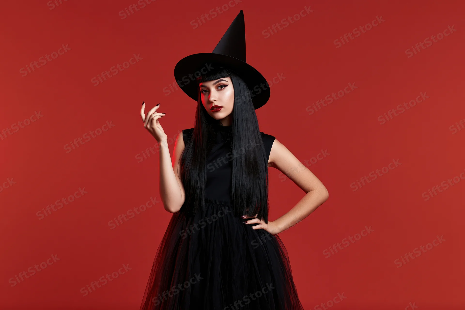 Young woman in witch costume posing with hand on hip against red background