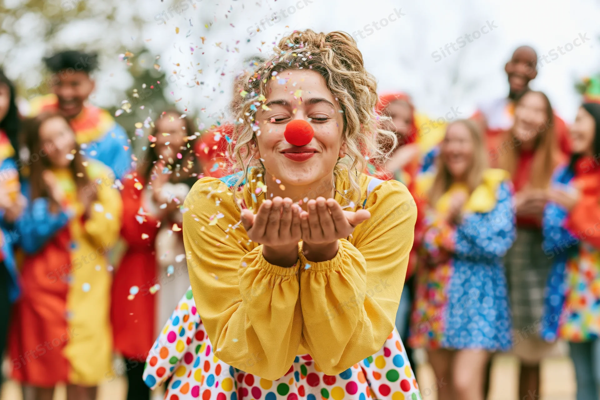 Woman in clown costume blowing confetti outdoors with group in background