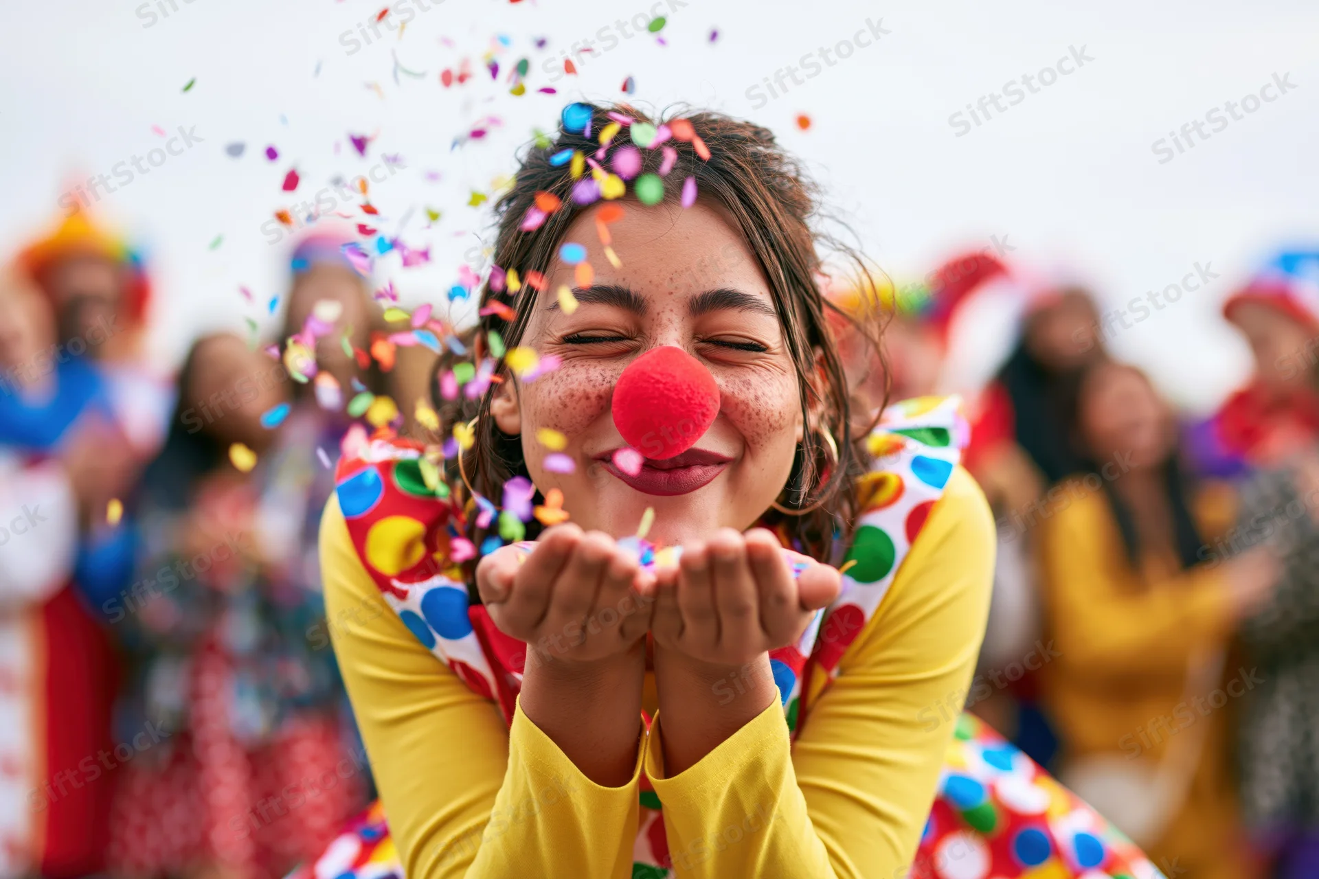 Woman in clown costume blowing confetti at outdoor celebration