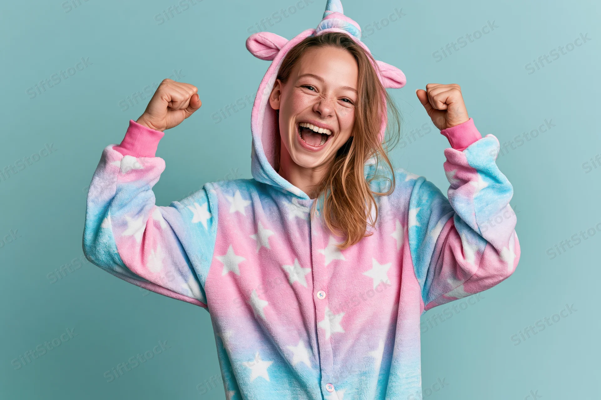 Young woman in a unicorn kigurumi onesie laughing with raised fists against a light blue background