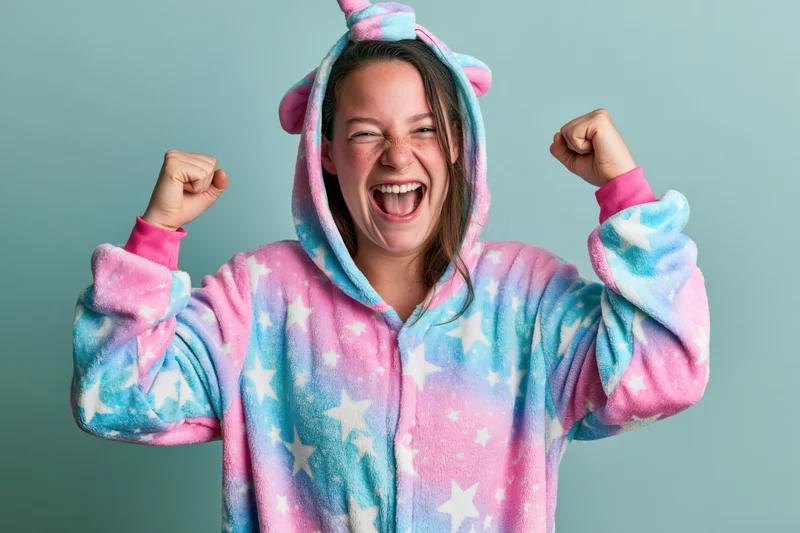 Young woman in unicorn kigurumi onesie celebrating with fists raised against a teal background