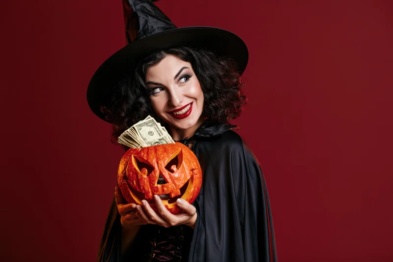 Woman in witch costume holding carved pumpkin with money inside, smiling against red background