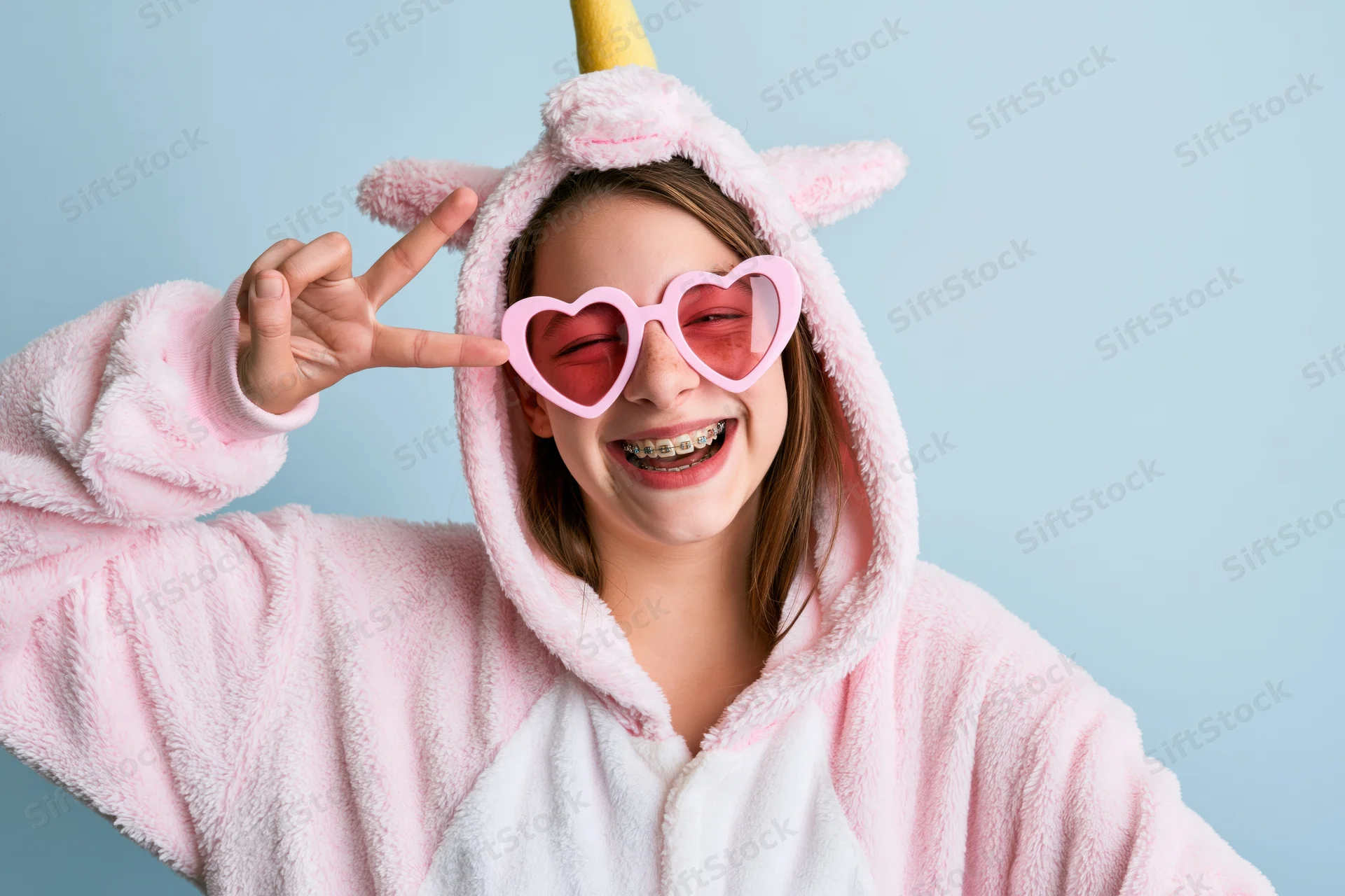 Girl in pink unicorn onesie wearing heart-shaped sunglasses and making peace sign against blue background