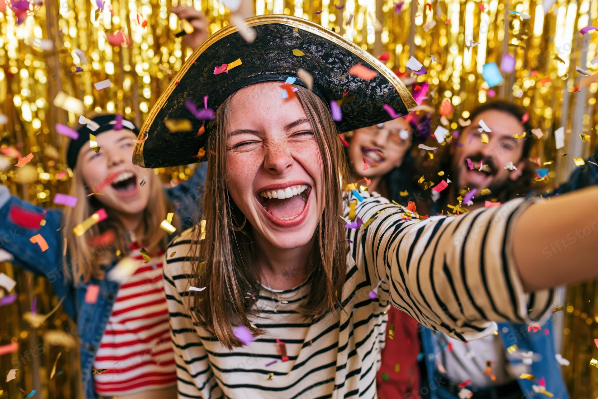 Woman wearing pirate hat and striped shirt laughing at party with confetti falling around her and friends in background