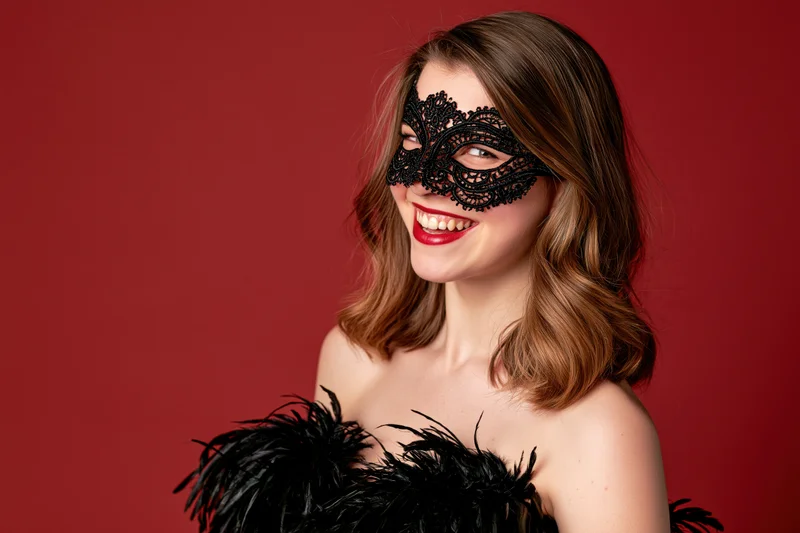 Young woman smiling while wearing a black lace masquerade mask and feathered dress against a red background