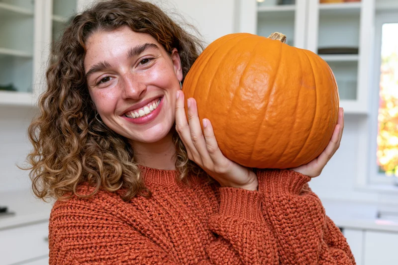 Young woman smiling while holding a large orange pumpkin in a kitchen