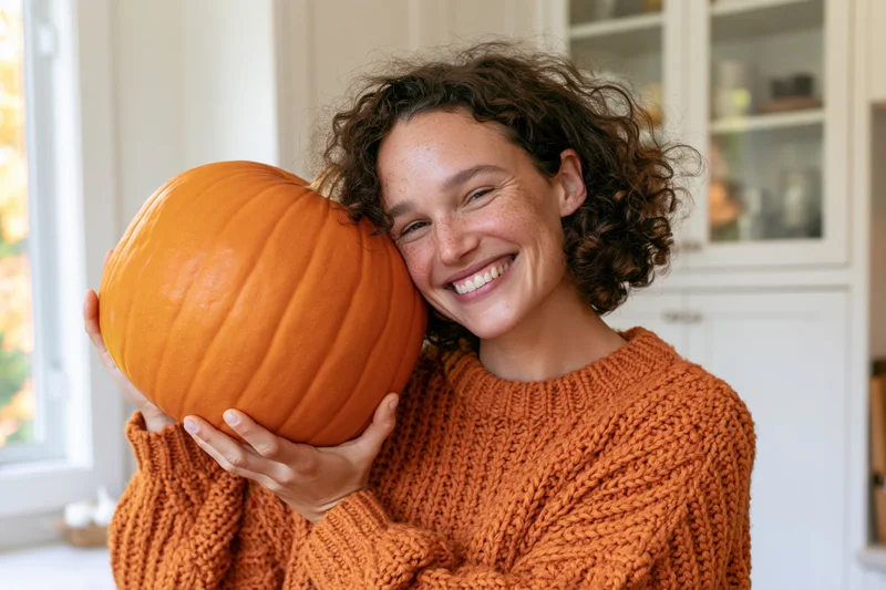 Woman smiling while holding a large orange pumpkin in a kitchen