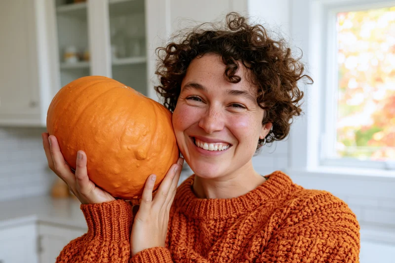 Woman smiling while holding a large orange pumpkin in a kitchen