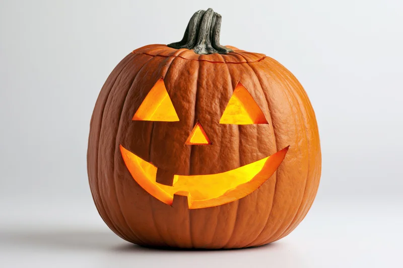 Carved pumpkin with glowing grin on white background