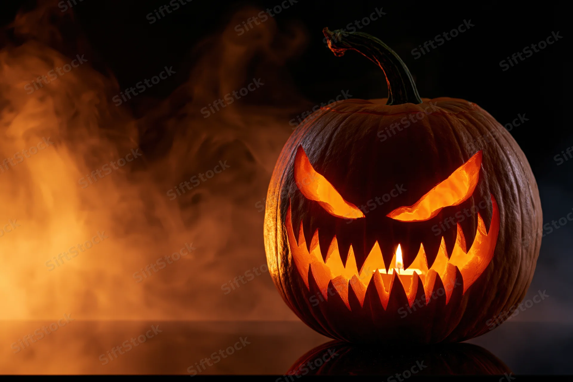 Carved pumpkin with jagged teeth and glowing eyes lit by candle in dark smoky setting