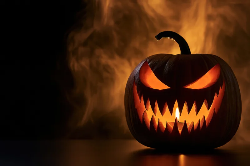 Carved pumpkin with jagged teeth and glowing eyes lit by candle in dark smoky setting