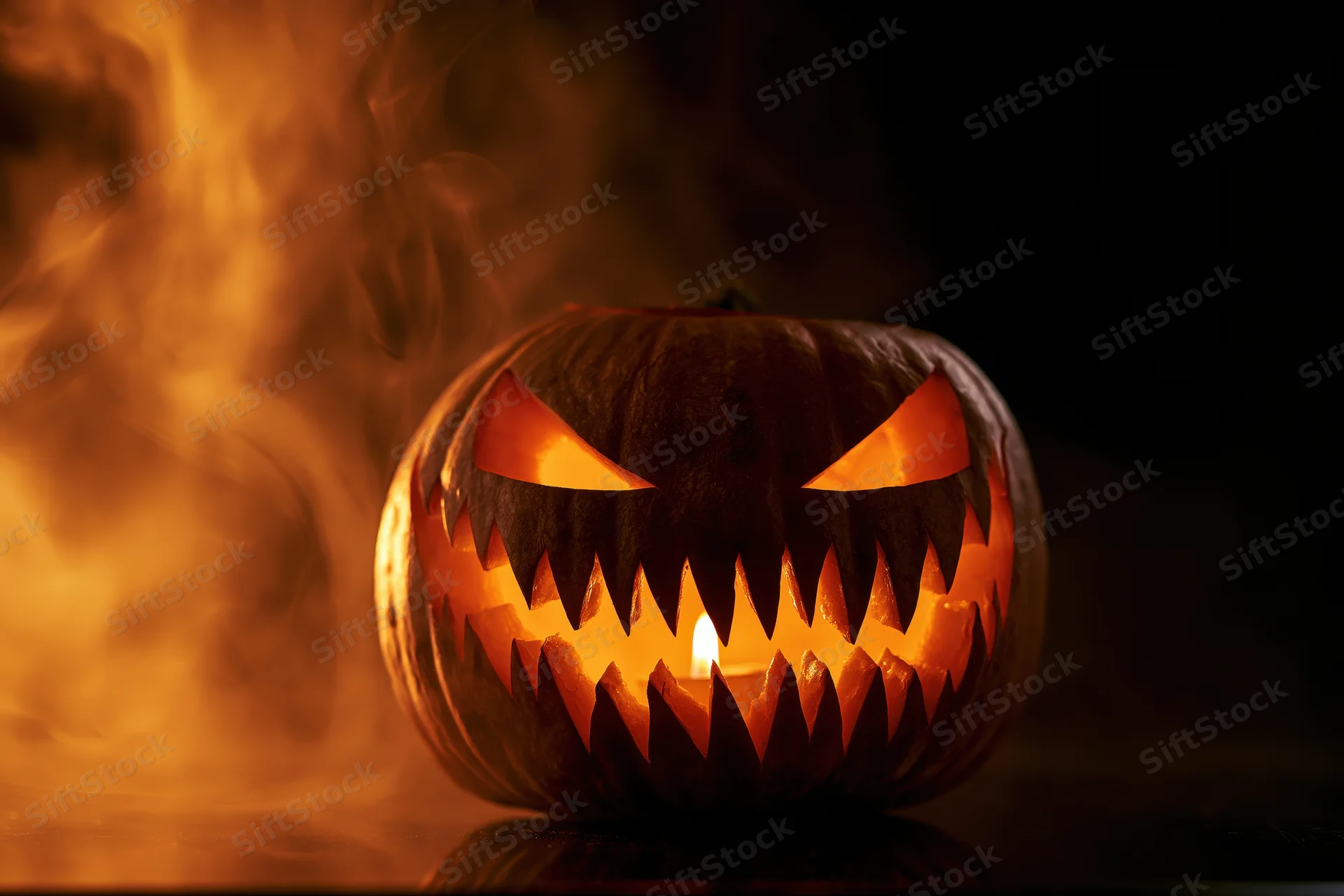 Carved pumpkin with jagged teeth and glowing eyes emitting smoke at night