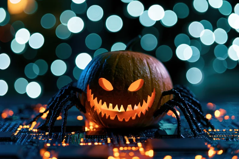 Carved jack-o-lantern with spider legs glowing on a circuit board at night