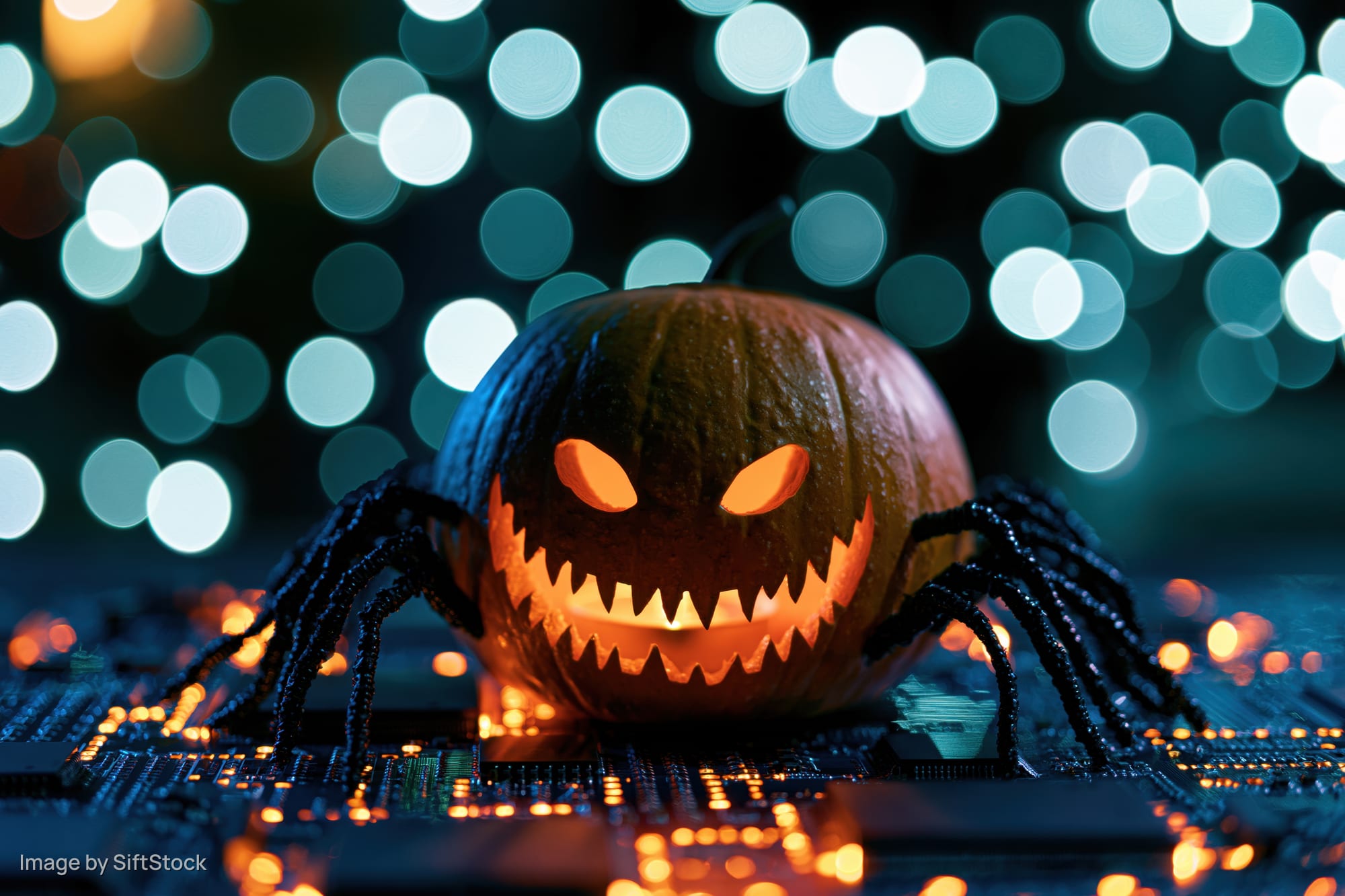 Carved jack-o-lantern with spider legs glowing on a circuit board at night