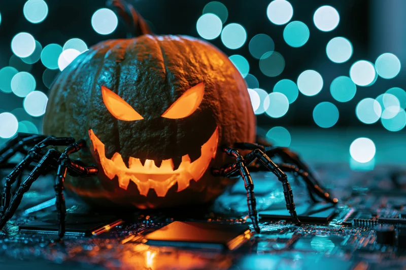 Carved jack-o-lantern with spider legs glowing on a circuit board under blue bokeh lights