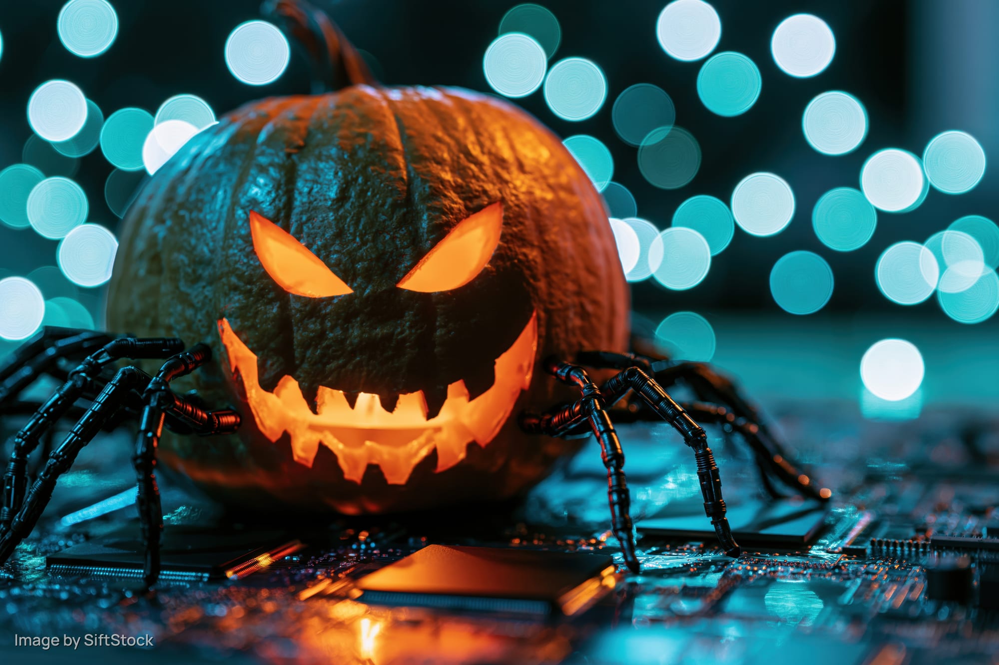 Carved jack-o-lantern with spider legs glowing on a circuit board under blue bokeh lights