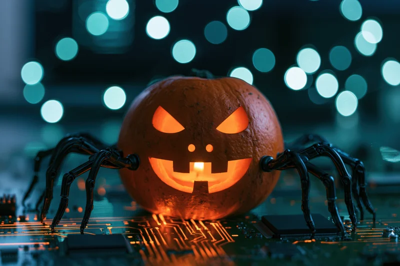 Carved jack-o-lantern with spider legs glowing on a circuit board at night
