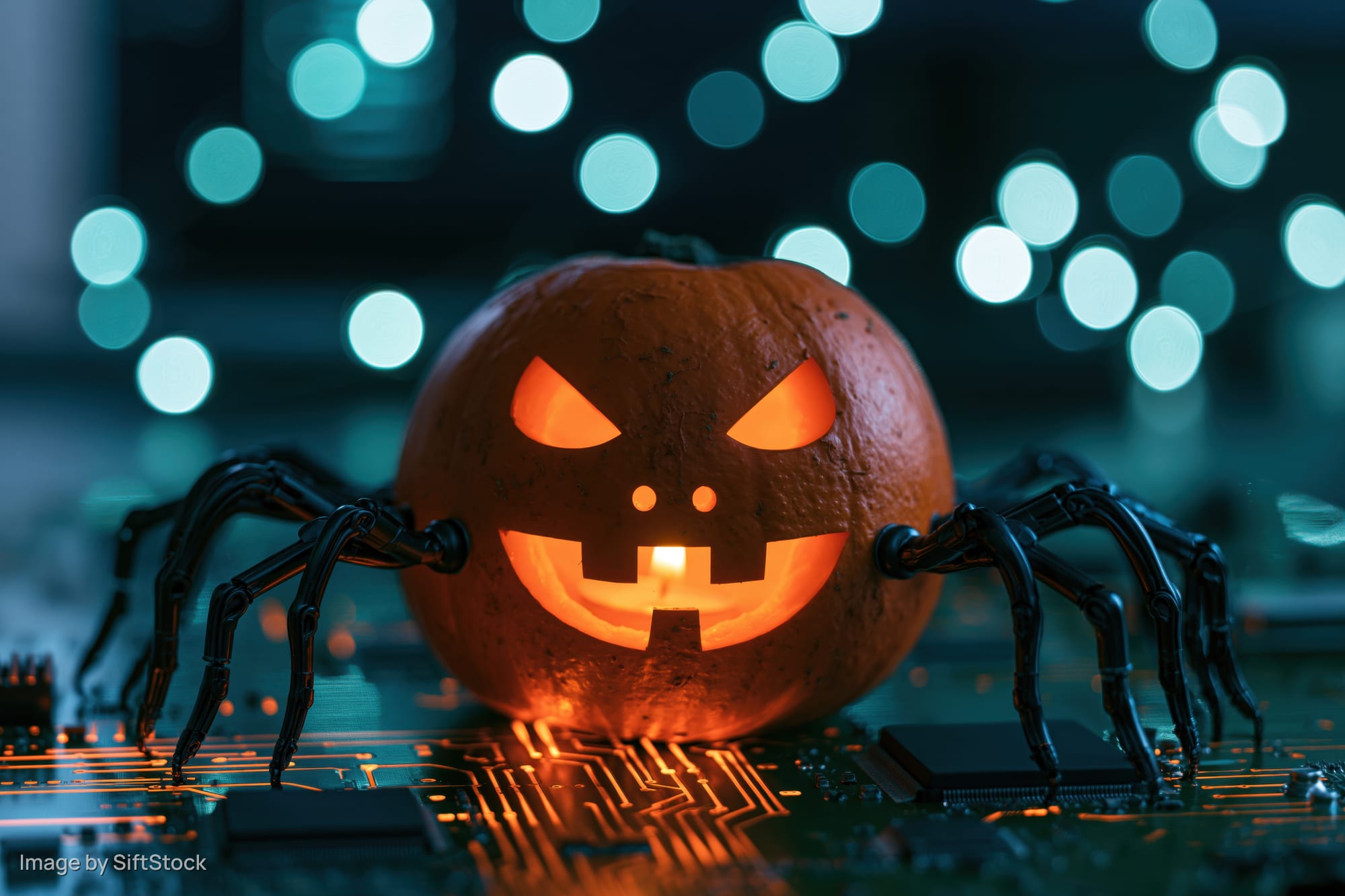 Carved jack-o-lantern with spider legs glowing on a circuit board at night