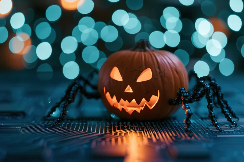Carved jack-o-lantern with spider legs on a glowing circuit board