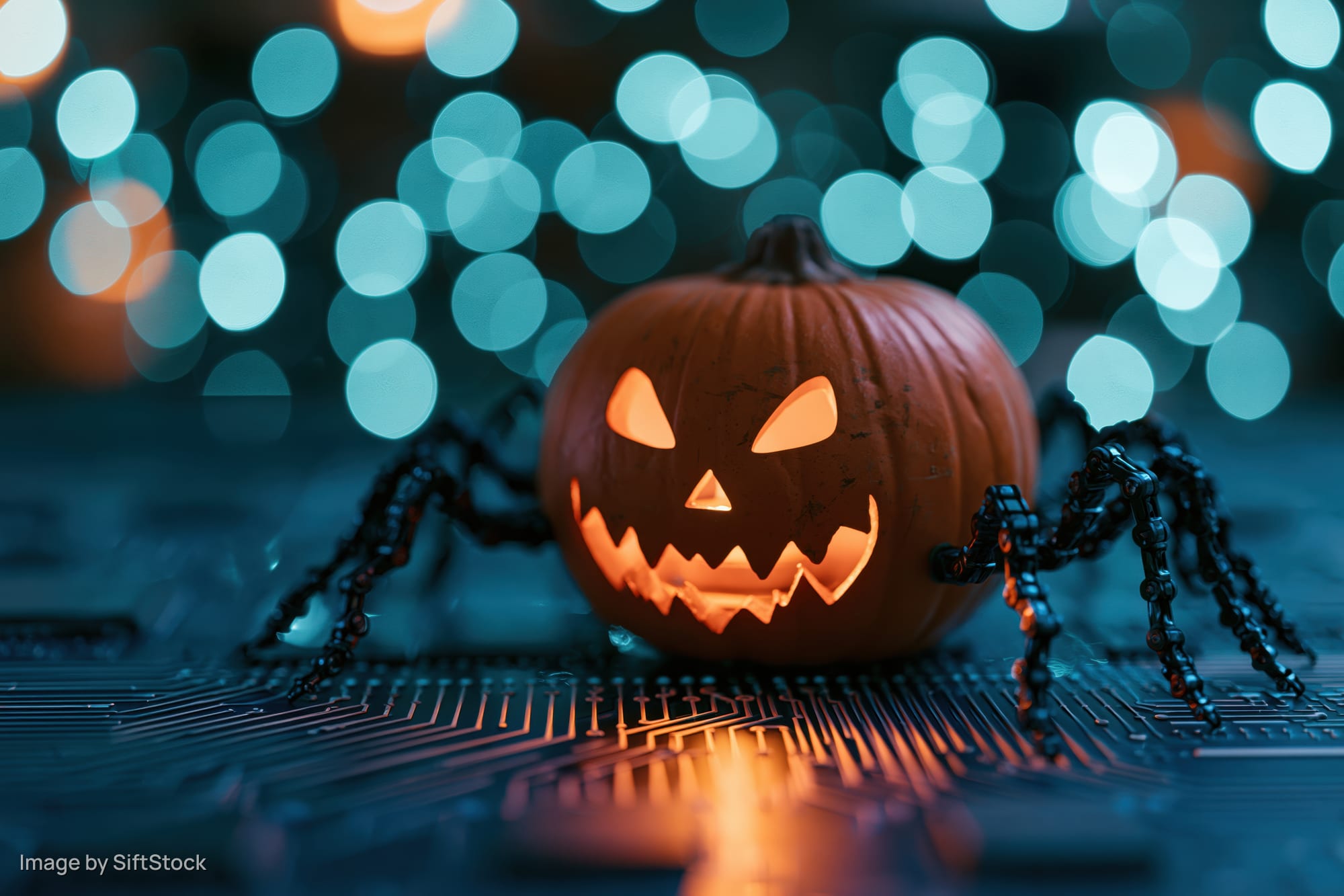 Carved jack-o-lantern with spider legs on a glowing circuit board