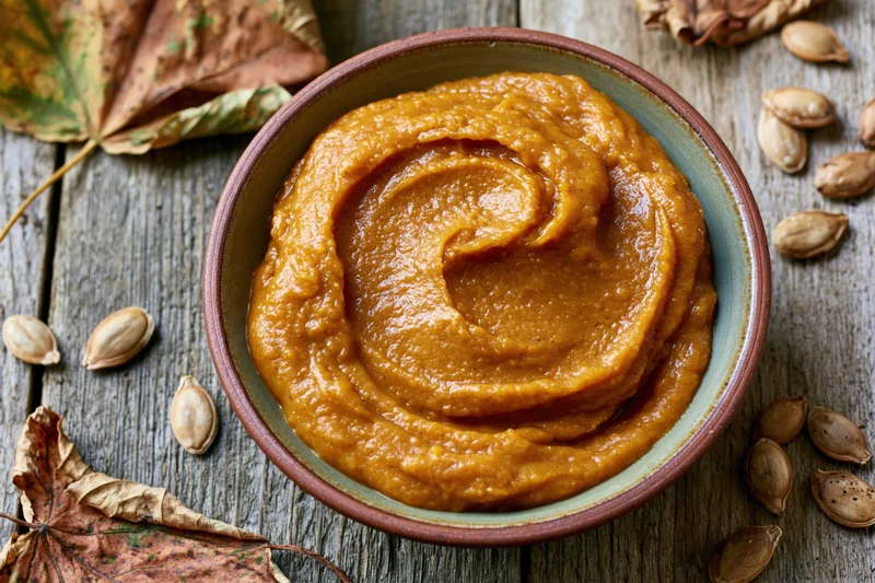 Smooth pumpkin puree in a ceramic bowl on a rustic wooden table surrounded by dried leaves and pumpkin seeds
