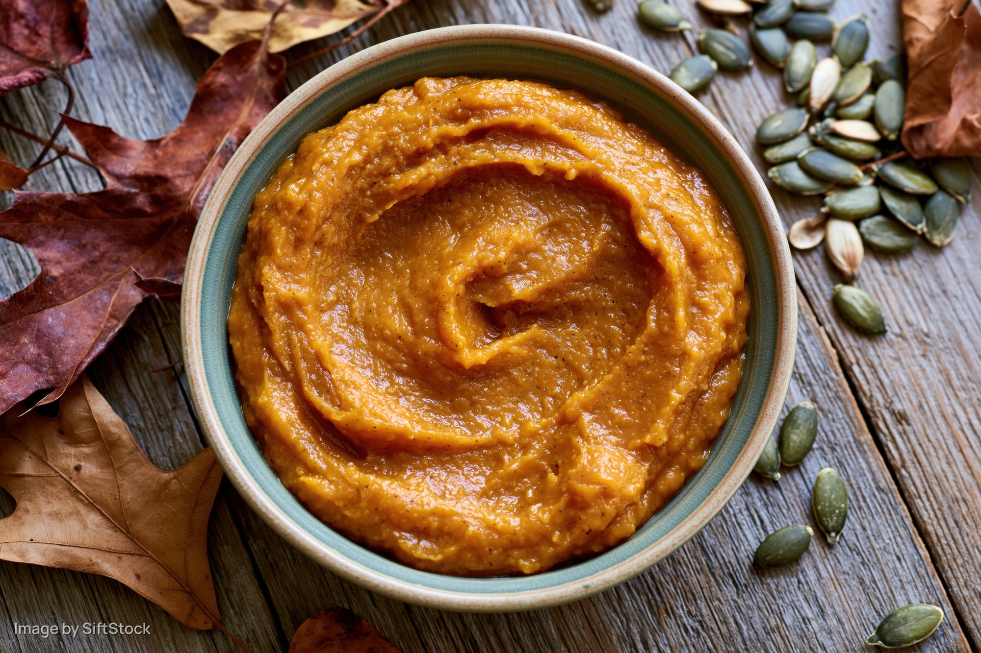 Ceramic bowl of smooth pumpkin puree with swirl pattern on wooden table surrounded by dried leaves and pumpkin seeds